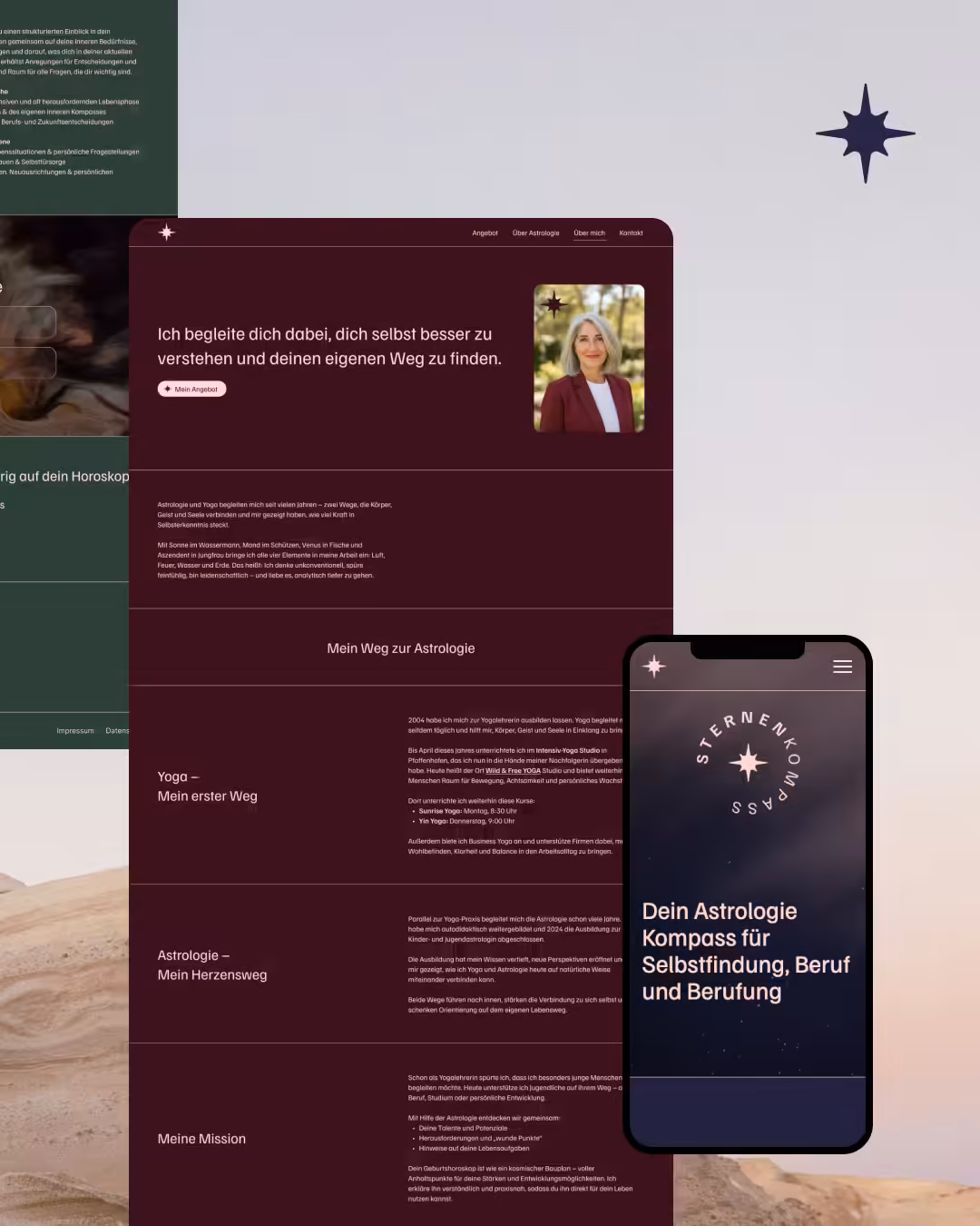 Website-Entwurf von Sternenkompass auf Tablet und Smartphone in Dunkelrot und Grün