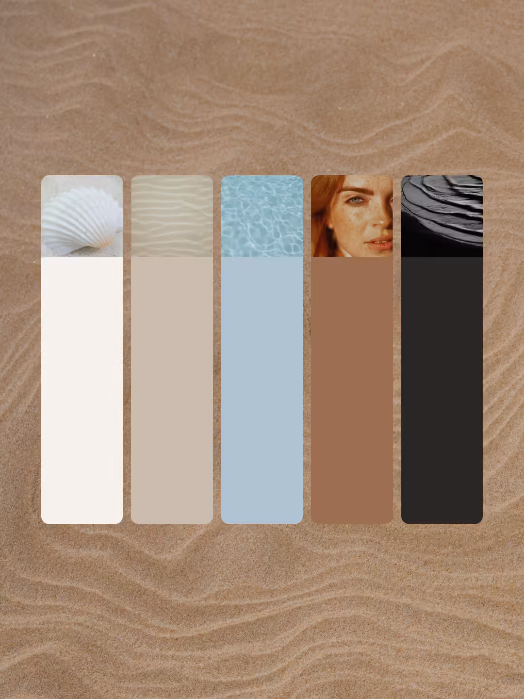 Farbpalette der Marke INFLOW in Weiß, Beige, Hellblau, Braun und Schwarz vor Sandstruktur