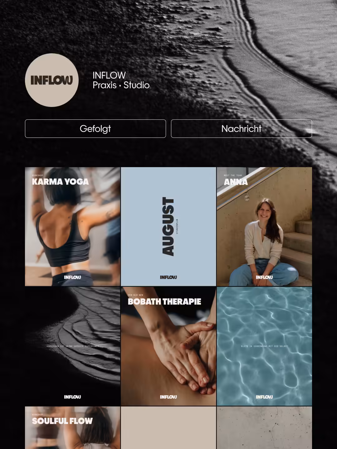 Instagram-Profil von INFLOW mit Raster aus Fotos und Farbflächen auf dunklem Hintergrund