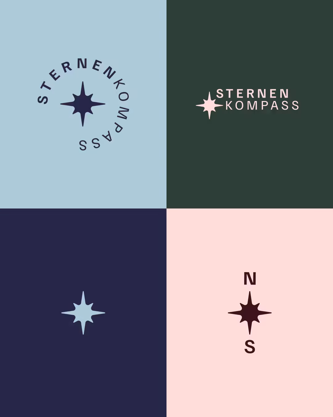 Logo-Varianten von Sternenkompass auf vier Farbflächen