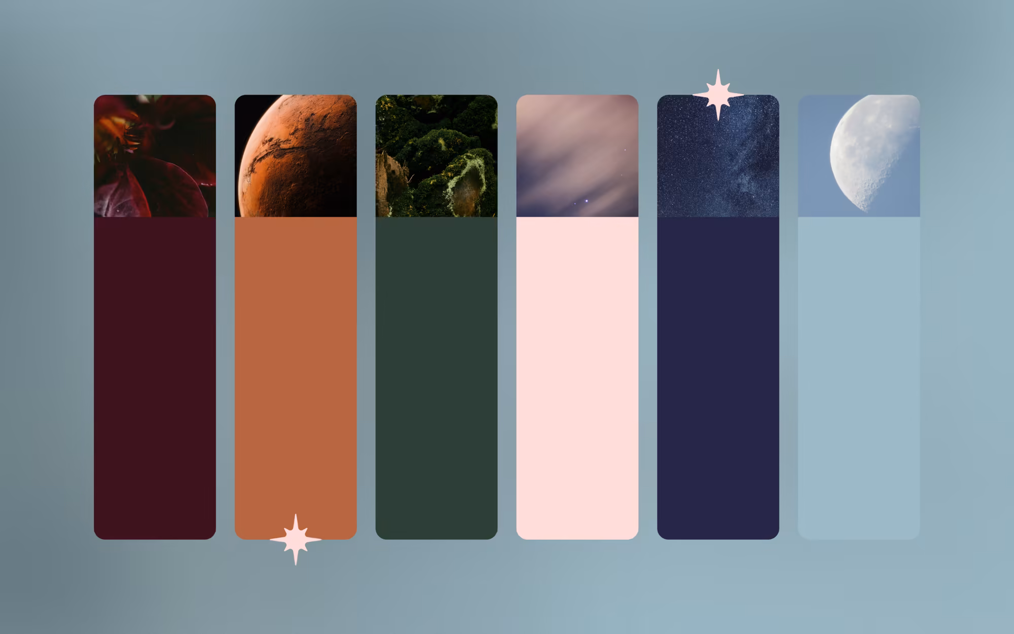 Farbpalette von Sternenkompass mit Bordeaux, Terracotta, Moosgrün, Rosa, Nachtblau und Mondblau