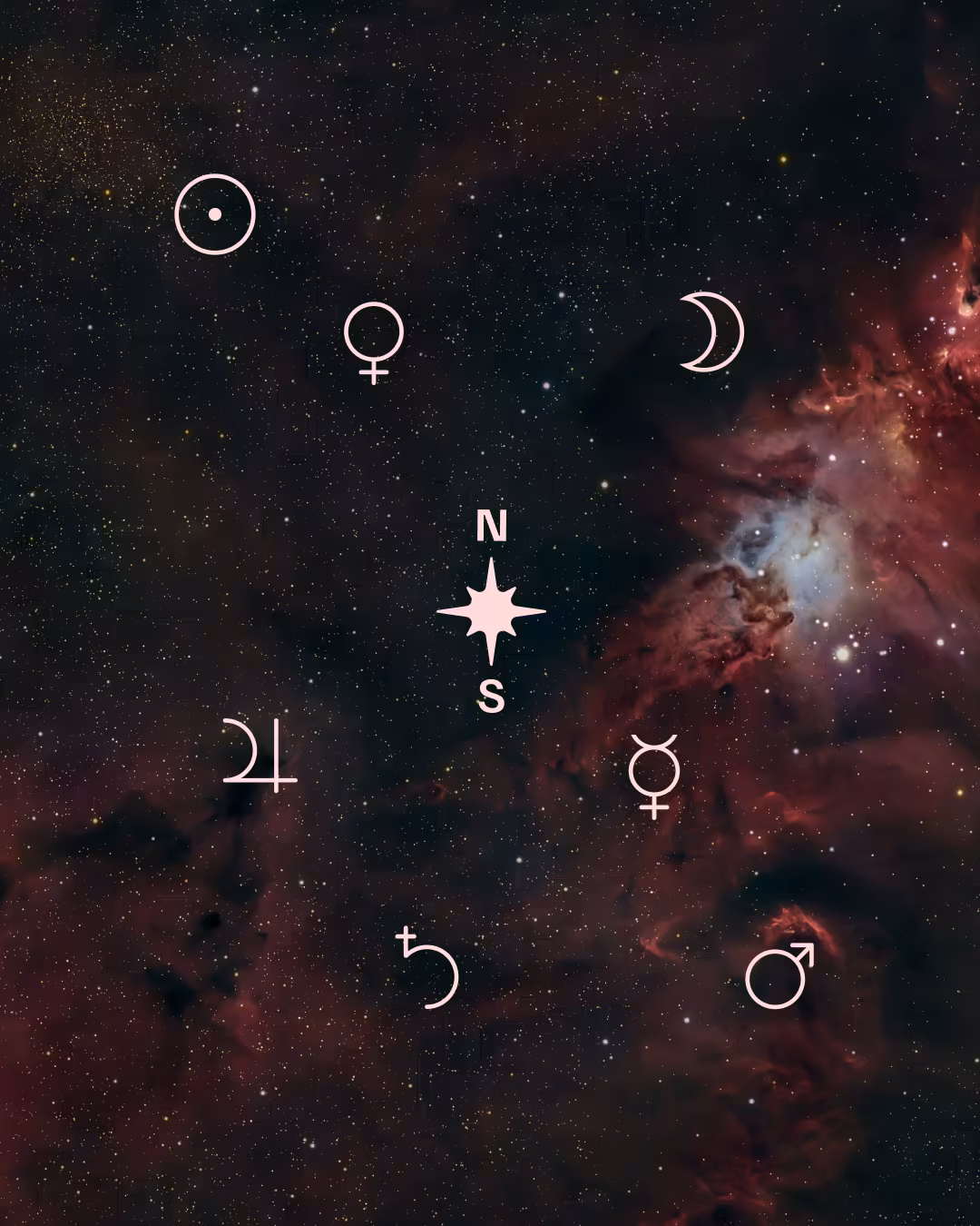 Astrologische Planetensymbole rund um einen Kompassstern vor rotem Sternennebel