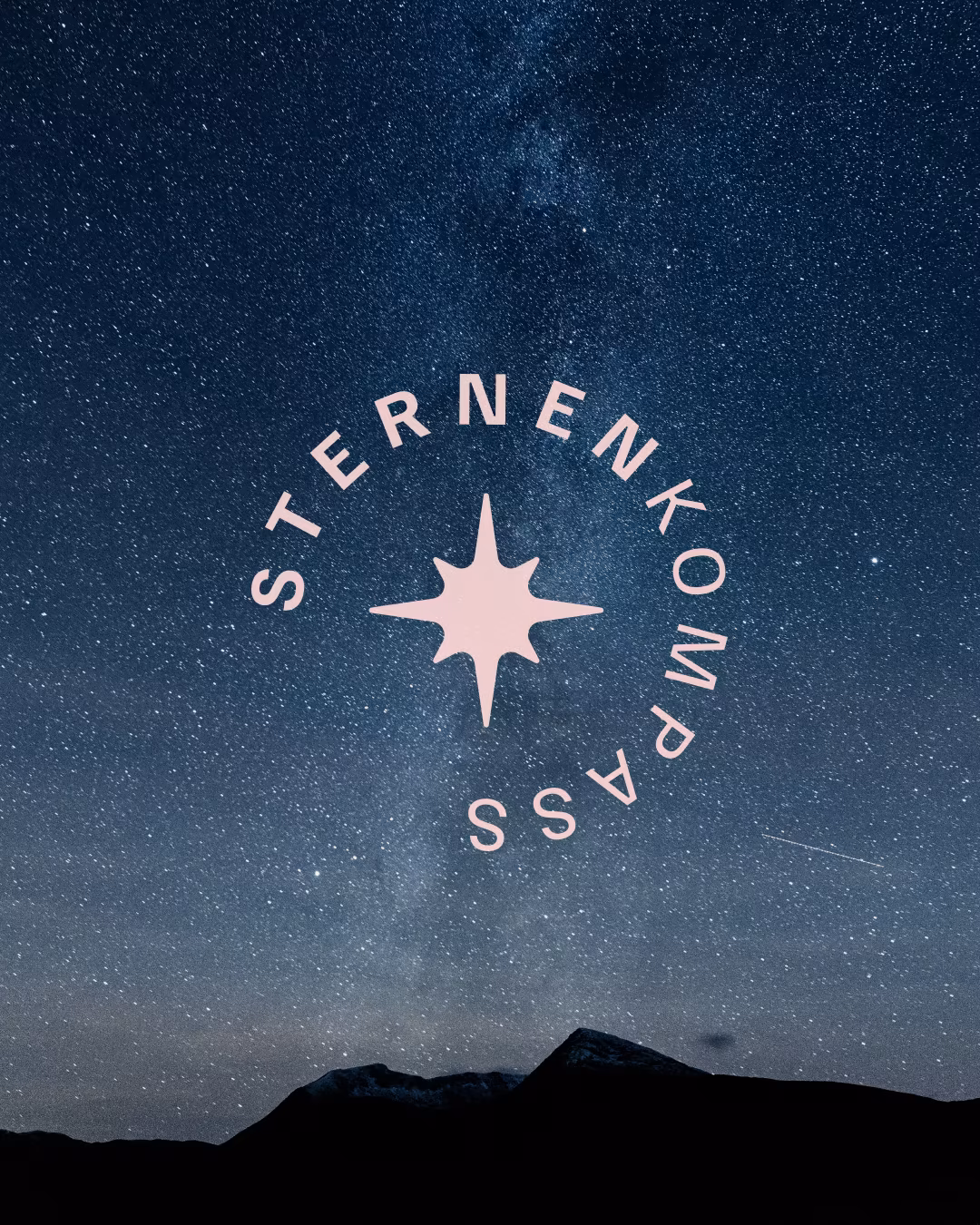 Sternenkompass-Logo in Rosa vor einem Sternenhimmel mit Milchstraße