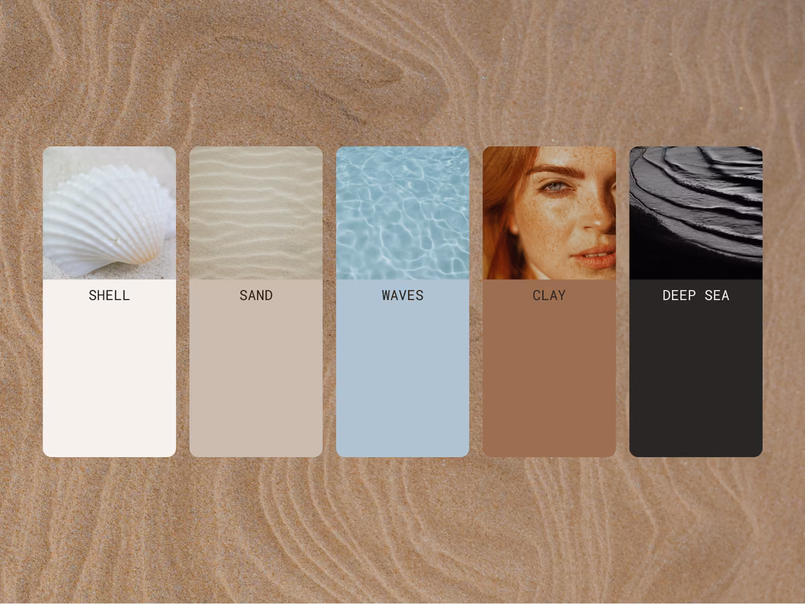 Farbpalette von INFLOW mit den fünf Farben Shell, Sand, Waves, Clay und Deep Sea auf Holzgrund
